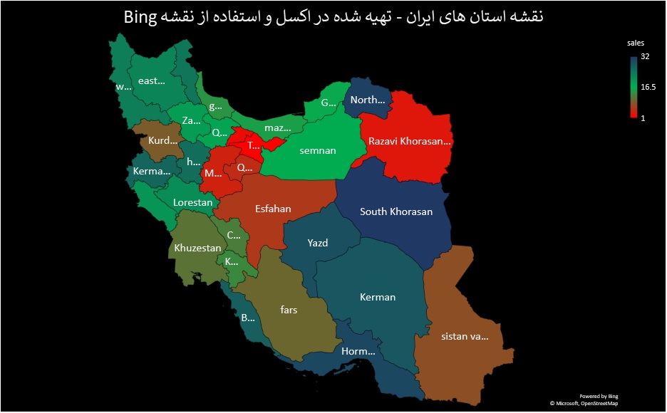نقشه استان های ایران در اکسل با نقشه bing مایکروسافت